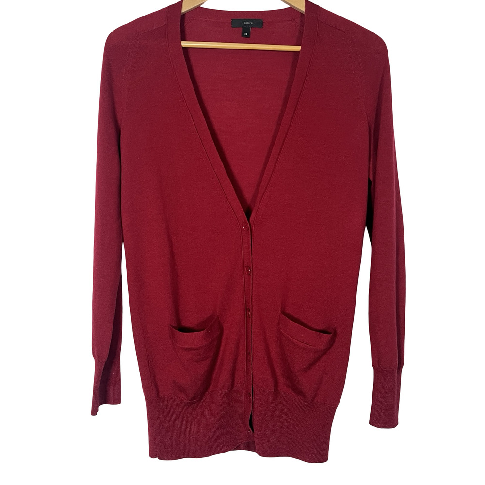 J Crew Sweater Cardigan Womens XS Red 100% Merino Wool V‎ Neck Pockets Buttons
